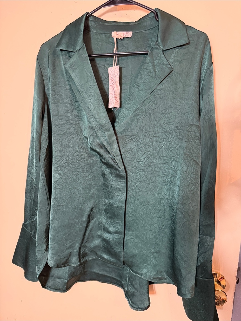 Mystree Emerald Green Satin Button-Down Blouse